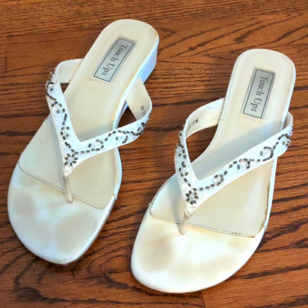 White satin with beaded thong sandals